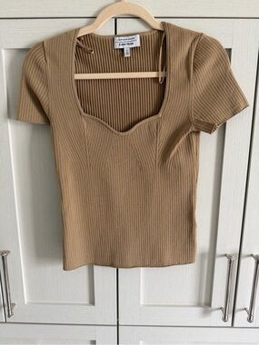 & Other Stories Ribbed Sweetheart Neck Short Sleeve Top - Tan